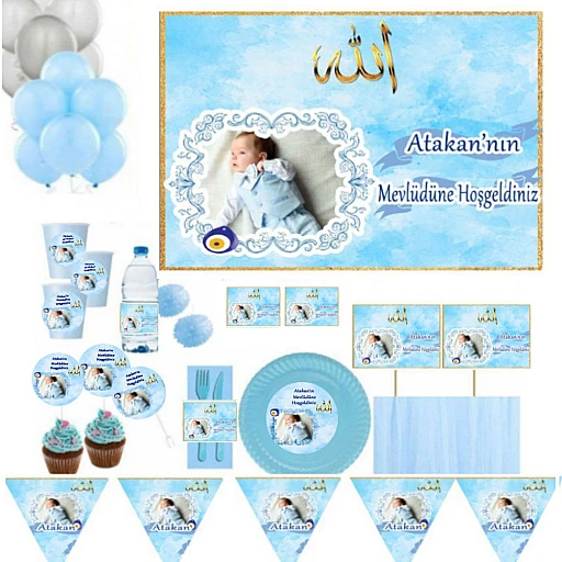 10 Kişilik Fotoğraflı Bebek Mevlüt Full Kişiye Özel Bebek Mevlüt Süsleme Ve Sofra Seti Tabak Bardaklı