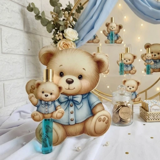 Cam Fısfıs Kolonya Şişesi Karton Ayıcık Süslemeli Bebek Şekeri Yeni Doğan Bebek Hediyelik