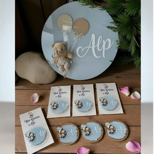 Pleksi balonlu ayıcık kapı süsü & 20 adet Bebek Hediyelik Yeni Doğan Bebek Hediyelik Magnet
