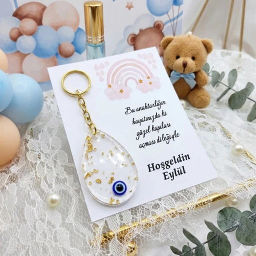 Damla Modeli Epoksi Anahtarlık Kağıt Üzeri Yenidoğan Hediyelik