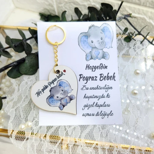Ahşap Kalp Anahtarlık Uv Baskılı Kart Üzeri Fil Baskılı Bebek Sünnet Mevlüt Yeni Doğan Hediyelik Şekeri
