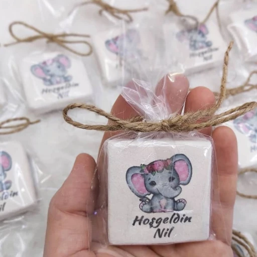 Taş Magnet Nikah Şekeri Nişan Hediyeliği Yeşil Pembe Çiçekli 4,5x4,5 Kare