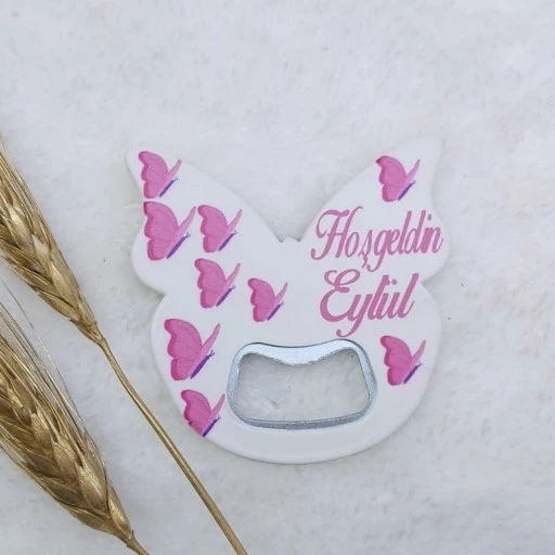 Kelebek Açacak Magnet 6x6 cm Uv Kız Bebek Magnetleri Bebek Şekeri