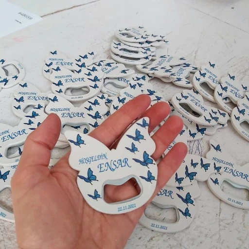 Mavi Kelebek Açacak Magnet 6x6 cm Uv Erkek Bebek Magnetleri Bebek Şekeri