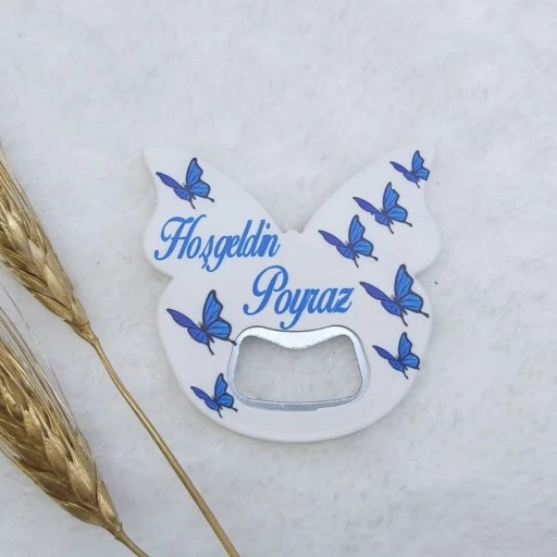 Mavi Kelebek Açacak Magnet 6x6 cm Uv Erkek Bebek Magnetleri Bebek Şekeri