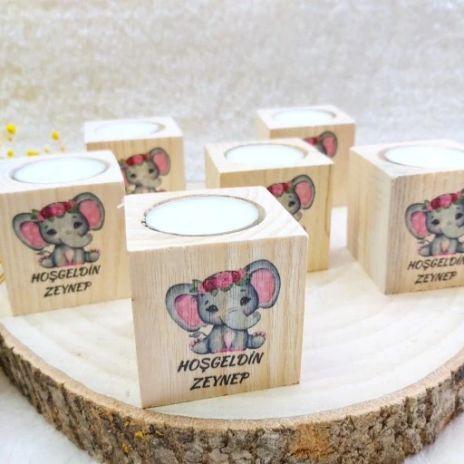 Ahşap Mumluk Erkek Bebek Şekeri Fil Uv Baskılı Kalp Desen 5x5