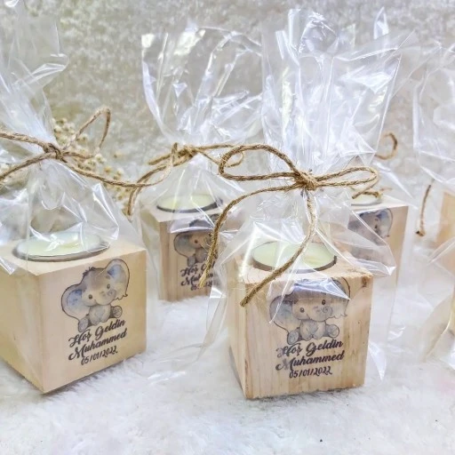 Ahşap Mumluk Erkek Bebek Şekeri Fil Uv Baskılı Kalp Desen 5x5