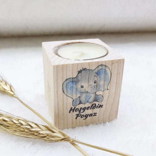 Ahşap Mumluk Erkek Bebek Şekeri Fil Uv Baskılı Kalp Desen 5x5