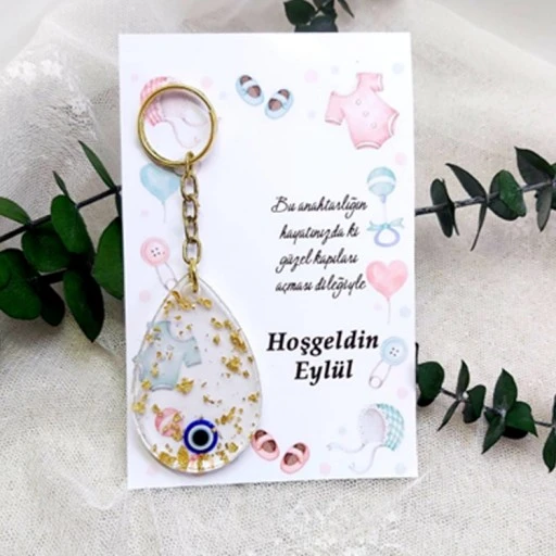 Damla Modeli Epoksi Anahtarlık Kağıt Üzeri Kız Bebek Şekeri