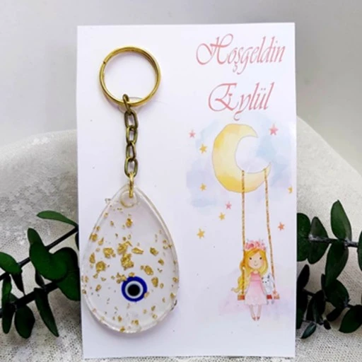 Damla Modeli Epoksi Anahtarlık Kağıt Üzeri Yenidoğan Kız Bebek Hediyelik