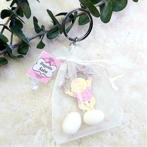 Kese İçinde Baby Shower Anahtarlık Bebek Doğum Hediyeliği