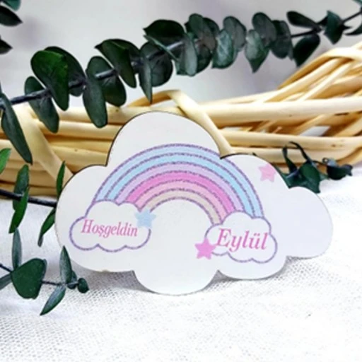 Gökkuşağı Baskılı Bulut Ahşap Magnet Hediyelik Bebek Şekeri