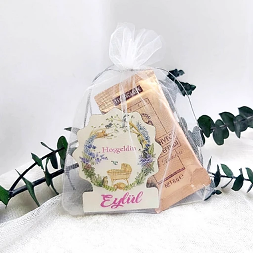 Kese İçerisinde Baskılı Ahşap Bebek Magnet Ve Türk Kahvesi