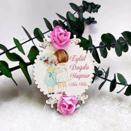 Çiçekli Abla Kardeş Ahşap Bebek Şekeri Magnet