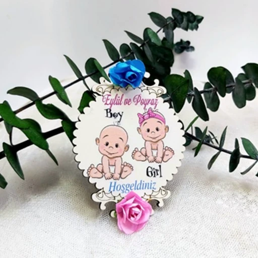 Çiçekli  Ahşap İkiz Bebek Şekeri Magnet