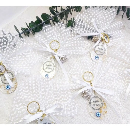 Damla Modeli Epoksi Anahtarlık Nikah Nişan Söz Şekeri Tüllü Anahtarlık Hediye