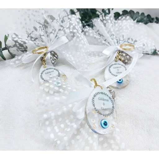 Damla Modeli Epoksi Anahtarlık Nikah Nişan Söz Şekeri Tüllü Anahtarlık Hediye