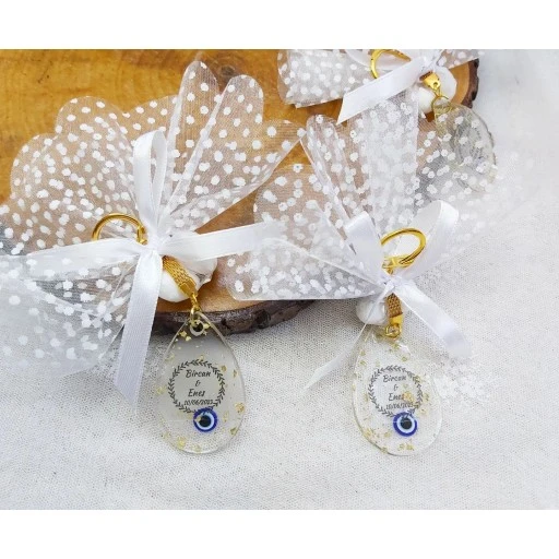 Damla Modeli Epoksi Anahtarlık Nikah Nişan Söz Şekeri Tüllü Anahtarlık Hediye