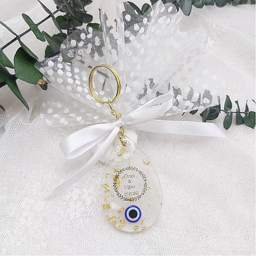 Damla Modeli Epoksi Anahtarlık Nikah Nişan Söz Şekeri Tüllü Anahtarlık Hediye