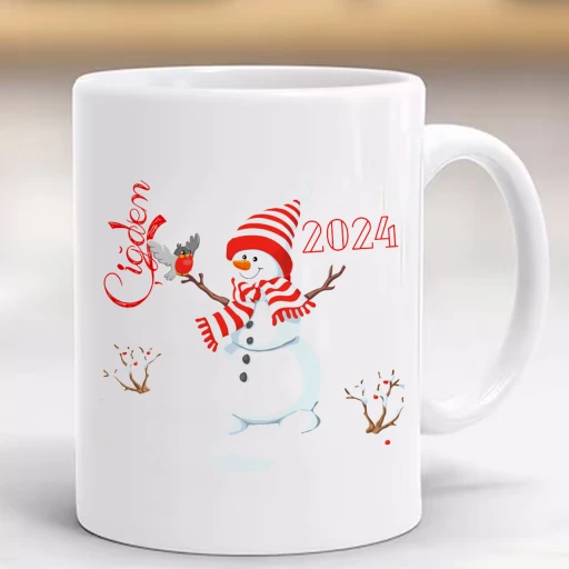 Yeni Yıl Mutlu Yıllar Yılbaşı Baskılı Kupa, Porselen Ve Kulplu Bardak, Kardanadamlı