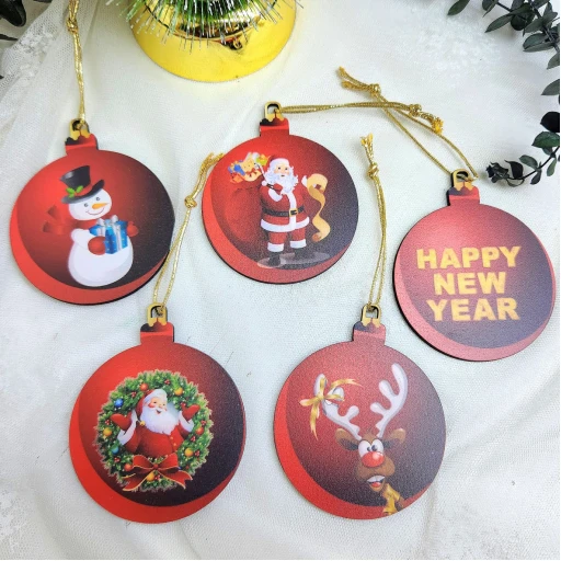 Karışık Yılbaşı Ağacı Süsleme Seti 9 cm 6 Adet Ahşap Uv Baskılı Tasarım 3