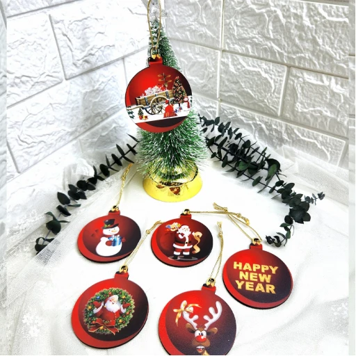 Karışık Yılbaşı Ağacı Süsleme Seti 9 cm 6 Adet Ahşap Uv Baskılı Tasarım 3