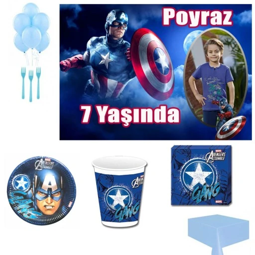 Afiş Hediyeli Captain Amerika Captan Doğum Günü Süsleri, Fotoğraflı Parti Seti Hdts185 8 Kişilik
