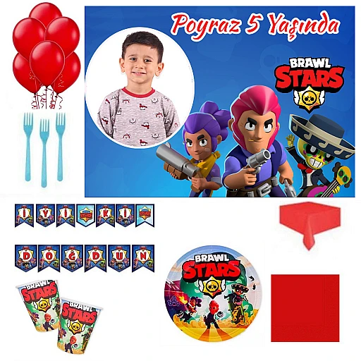 Brawl Stars Fotoğraflı Afiş Hediyeli Doğum Günü Süsleri, Ekonomik Parti Seti 16 Kişilik