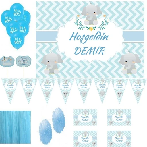 Bebek Hastane Odası Süsü Hediyelik Seti Erkek Bebek Odası Süsleri Fil Konsept