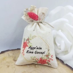 Kişiye Özel Baskılı Kirmzi Çiçekli Keten Kese Kına Hediyesi