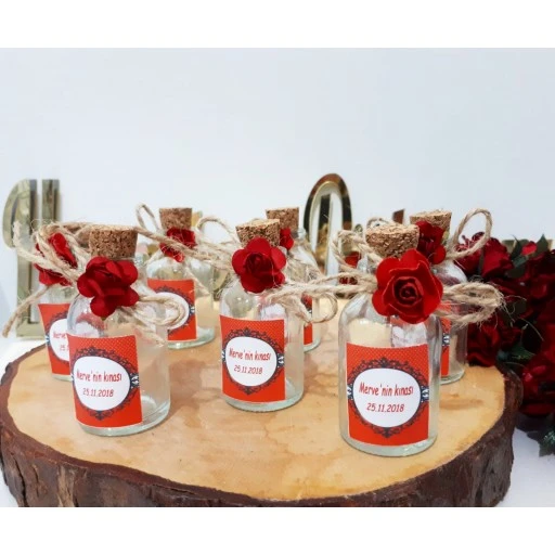40 Adet Kırmızı Güllü Kolonya Şişesi Nikah Şekeri
