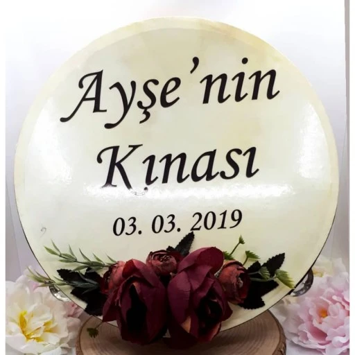 32 cm Şakayik Ve Enengül Çiçek Süslemeli Deri Tef İsim Baskılı