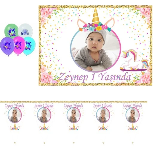 Unicorn Fotoğraflı Afiş Ve Flama Kişiye Özel 1 2 3 Yaş Doğum Günüm Süsleri