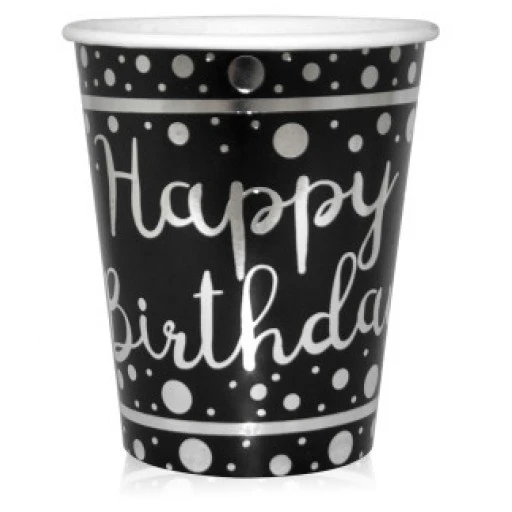 Bardak Sılver Happy Bırthday Parlak Varak Baskılı 8 Oz Siyah 6'lı
