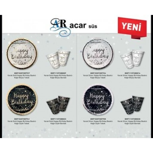 Tabak Gold Happy Bırthday Parlak Varak Baskılı Beyaz 6'lı