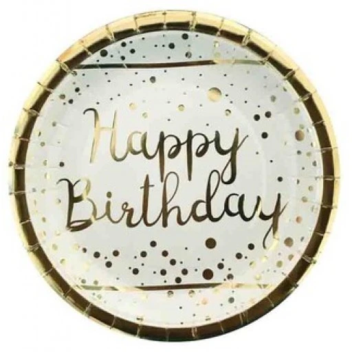 Tabak Gold Happy Bırthday Parlak Varak Baskılı Beyaz 6'lı