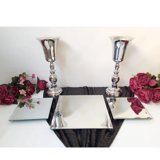 3 Lü Kare Aynalı Jardinyer Ve 2 Adet Vazo Masa Üstü Söz Nişan Seti Lüks Set