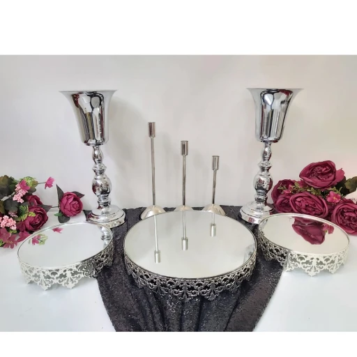 3 Lü Saçaklı Jardinyer 3 Mumluk Set Ve 2 Vazo Masa Üstü Söz Nişan Seti
