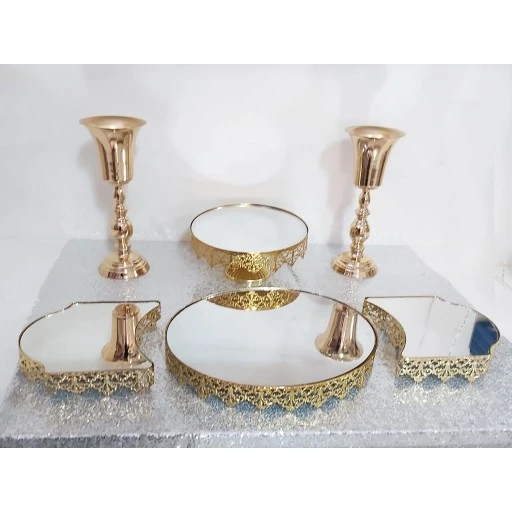 Çiçek Desen Jardinyer 2 Adet Vazo Ve Pastalık Nişan Söz Masası Seti Altın Renk