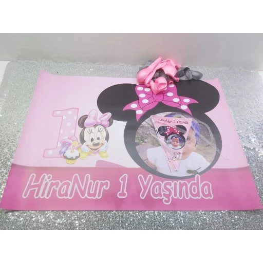 Minnie 1 Yaş Çocuğunuza Özel Fotoğraflı Afiş Ve Flama Seti, Doğum Günü Süsleri 1 Yaş