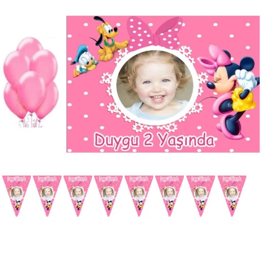 Minnie Çocuğunuza Özel Fotoğraflı Doğum Günü Süsleme Seti