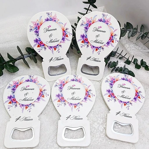 Pembe Mavi Çiçekli Baskılı Balon Açacak Magnet 11x7 cm Uv Nişan Hediyeliği Nikah Şekeri