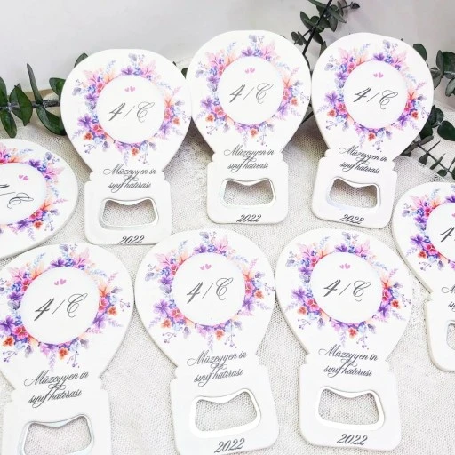 Pembe Mavi Çiçekli Baskılı Balon Açacak Magnet 11x7 cm Uv Nişan Hediyeliği Nikah Şekeri