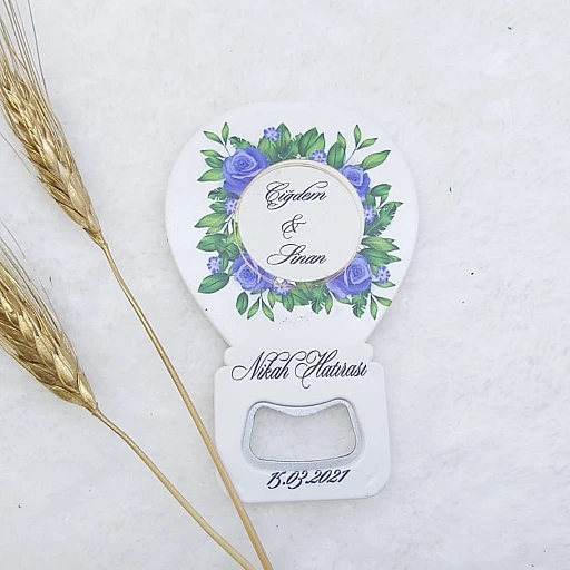 Yeşil Mavi Çiçek Baskılı Balon Açacak Magnet 11x7 cm Uv Nişan Hediyeliği Nikah Şekeri