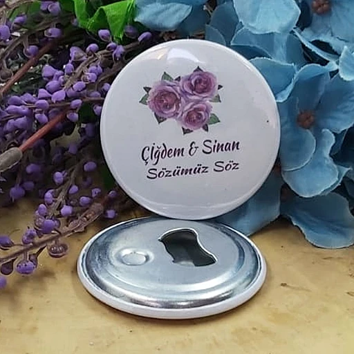 Mor Çiçekli Açacak Magnet Söz Nişan Nikah Hediyesi Nikah Şekeri Metal 6 cm