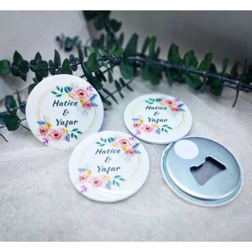Nikah Şekeri Nişan Kına Mıknatıslı Açacak Magnet Metal 6 cm Kişiye Özel Pembe