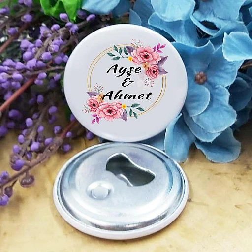 Nikah Şekeri Nişan Kına Mıknatıslı Açacak Magnet Metal 6 cm Kişiye Özel Pembe