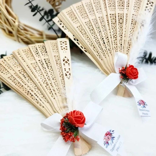 Ahşap Yelpaze Beyaz Süslü Nikah Şekeri