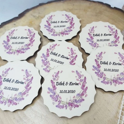 Çiçek Desenli Ahşap Magnet Lavanta Çiçek Baskıllı Kişiye Özel Söz Nişan Düğün Hediyesi Şekeri