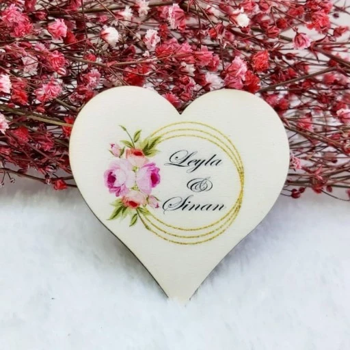 Kalp Ahşap Nikah Magnet Nikah Şekeri Uv Baskı Nişan Hediyeliği Ekonomik